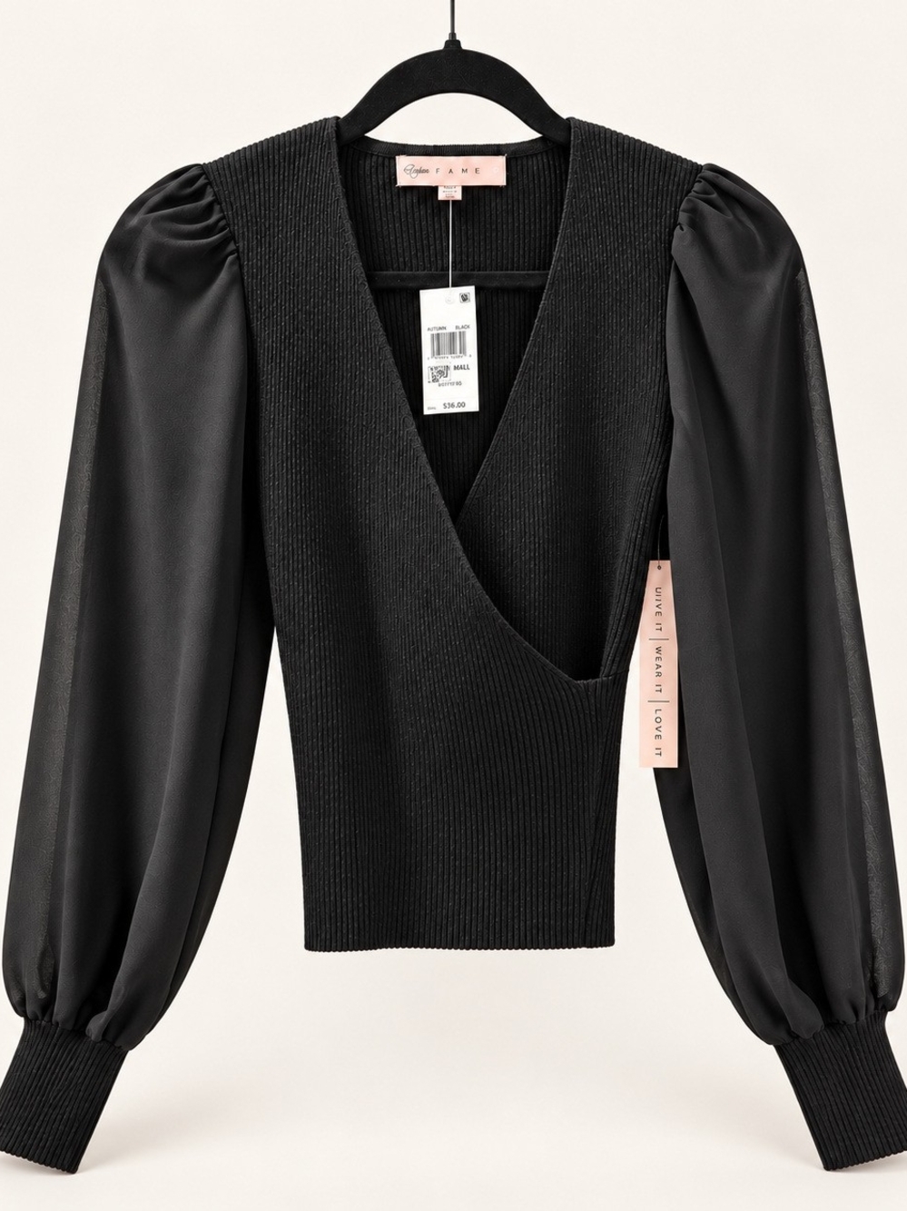 Chase Fame Black Ribbed Wrap Top Satin Puff Sleeves XS NWT